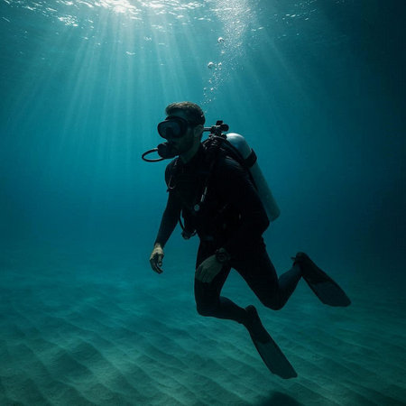 Young man scuba diver swimming underwater in deep blue ocean with sun rays