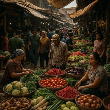 View of unknowns Nepali people selling vegetables at the street market in Kathmandu in the morning