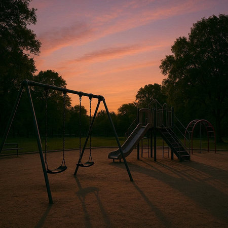 Playground in the park at sunset. Colorful sky with clouds.