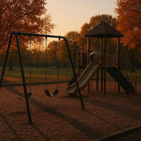 Playground in the park at sunset. 3d render image.