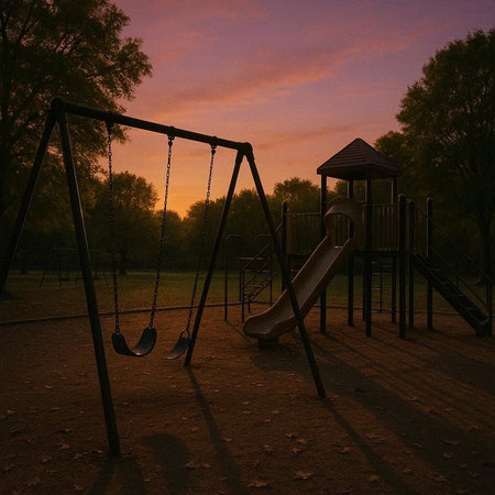 Playground in the park at sunset. 3d render illustration.