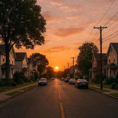 Sunset on the street in the suburbs of Toronto, Canada.