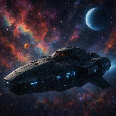 Space ship in deep space. Futuristic background. 3D rendering