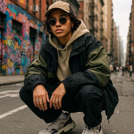 Stylish african american young woman in cap and sunglasses sitting on the street