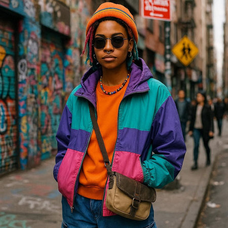 Stylish african american woman with dreadlocks in a colorful jacket and hat posing on the street.