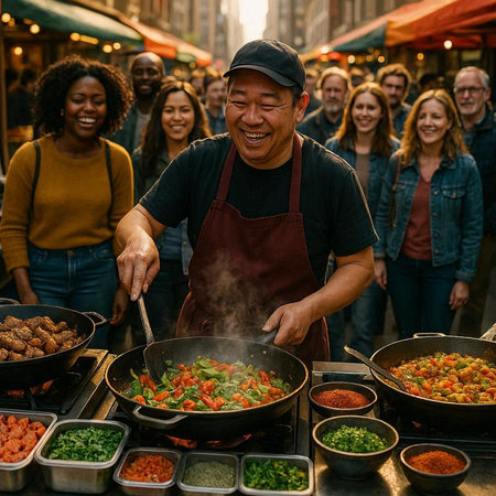 Group of diverse people having a great time at a street food market.