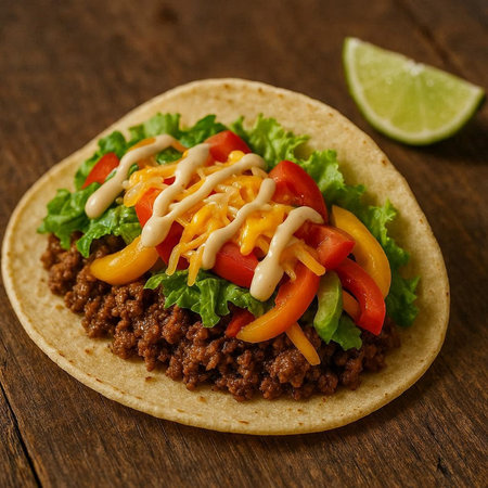 Mexican tacos with beef, vegetables and cheese on wooden background.