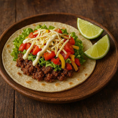 Mexican tacos with beef, tomato and cheese on wooden background.
