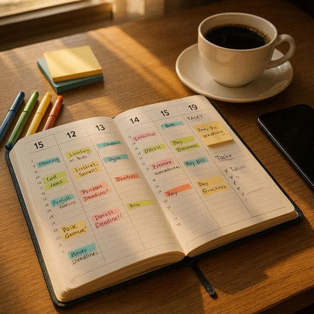 Calendar Planner Reminder Notebook and Coffee Cup on Table