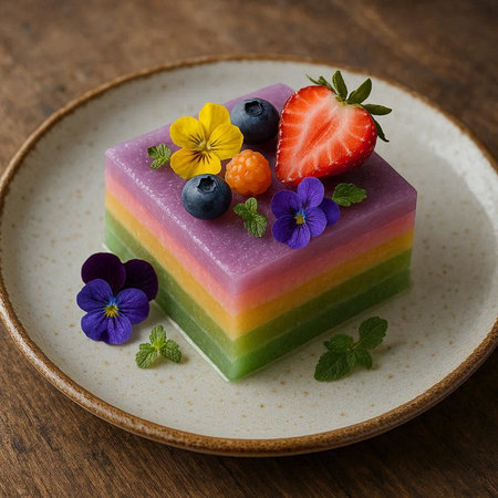 Homemade rainbow cake with fresh berries and edible flowers on wooden background