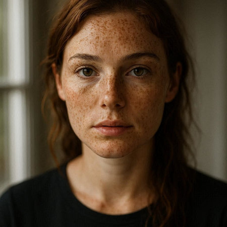 Portrait of a young woman with freckles on her face