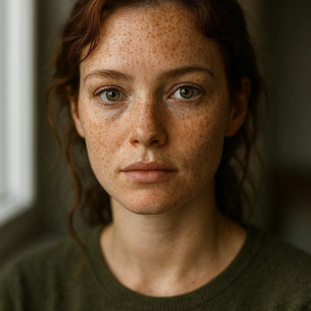 Portrait of a young woman with freckles on her face