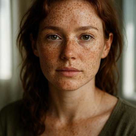 Portrait of a red-haired girl with freckles on her face