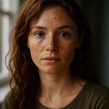 Portrait of a red-haired girl with freckles on her face