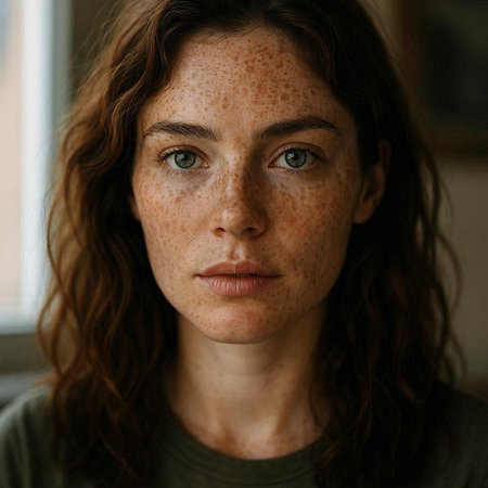 Portrait of a young woman with freckles on her face