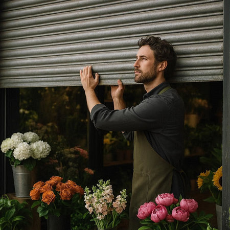 Portrait of a handsome young florist standing in flower shop.