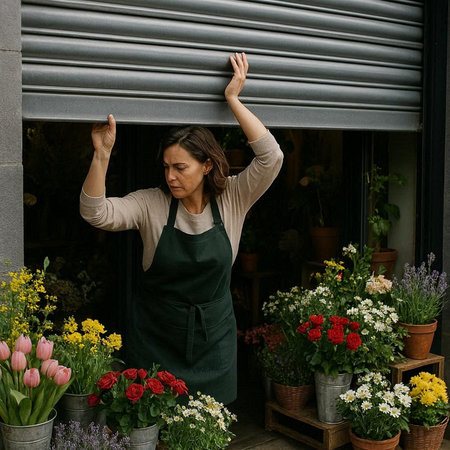 Female florist standing in front of the flower shop and stretching her arms