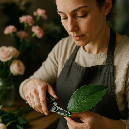 Woman florist cutting a green leaf with scissors in flower shop