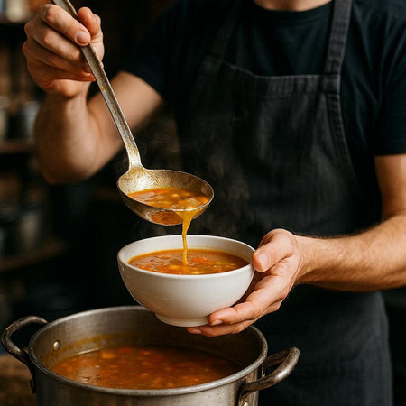 Cropped image of a male cook in apron holding a bowl of soup.