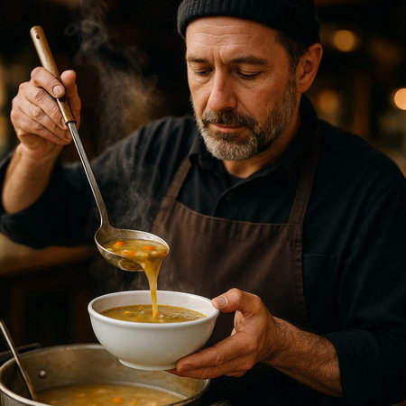 Chef cooking soup in a restaurant kitchen. Close-up portrait of a bearded man in apron and hat.