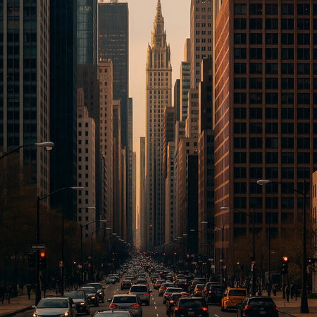 Traffic on the streets of Chicago at sunset.