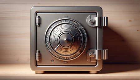 Metal safe on wooden shelf background. Security concept. 3D Rendering