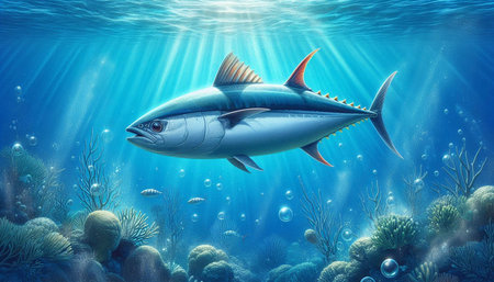 Tuna in the underwater world. 3D rendering. Computer digital drawing.