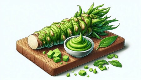 Illustration of a green worm on a wooden cutting board with a pestle of water