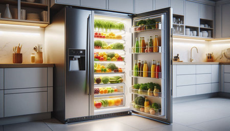 Open refrigerator with fresh vegetables and fruits in kitchen. 3d rendering