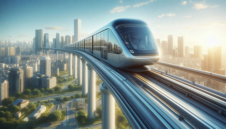High-speed train on the road in the city. 3d rendering
