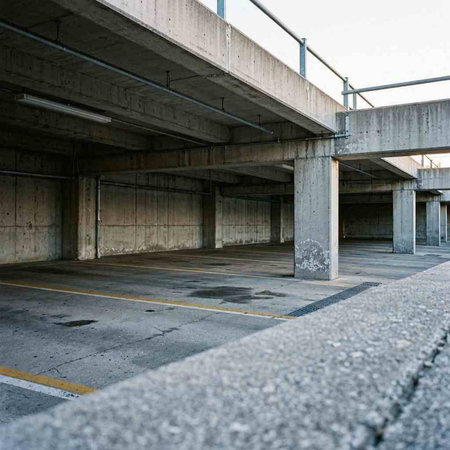 Abandoned underground parking lot with concrete walls and concrete floor.