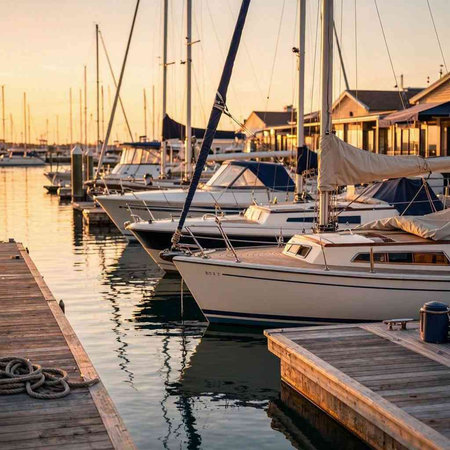 Boats moored to a pier in a yacht marina at sunset