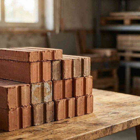 Brick on a wooden table in a workshop. Brick production.
