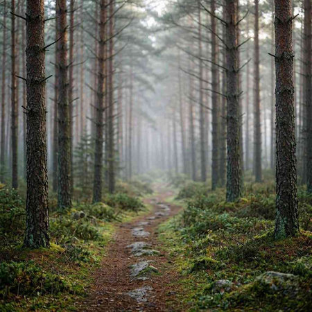 Pathway in the pine forest at autumn. Foggy morning.