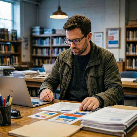 Young man working at his desk in a library, using a laptop.