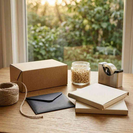 Carton box, coffee grinder and notebook on the windowsill