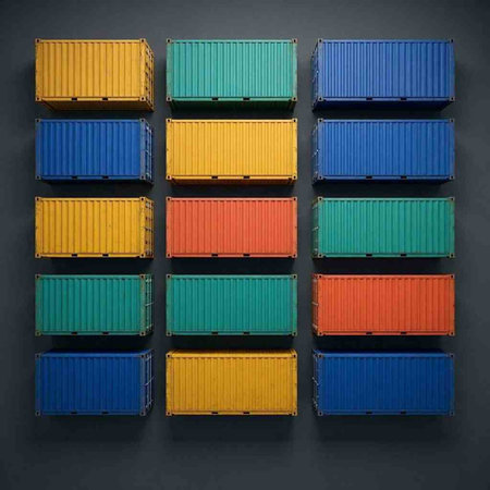 Colorful shipping containers on dark background. Top view. 3d rendering