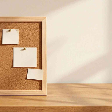 Wooden cork board with blank note papers on it. Mock up