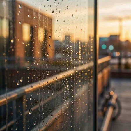 raindrops on the glass of a building in the city at sunset