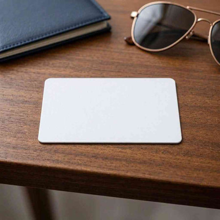 Blank white business card on the table with sunglasses. Mock up
