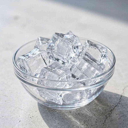 Ice cubes in a glass bowl on a concrete background. Close-up.