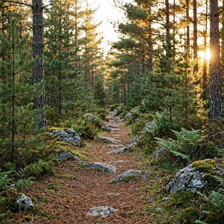 Path in the forest at sunset. Nature composition. Horizontal orientation.