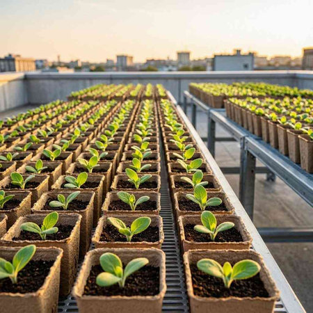 Young seedlings of tomatoes in peat pots on the terrace of the house