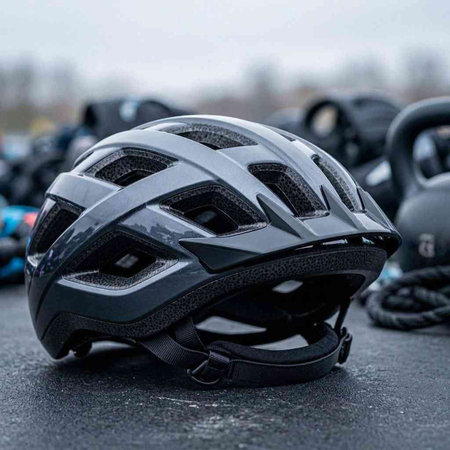 Bicycle helmet on the ground. Close-up of bicycle helmet.