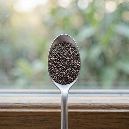 Chia seeds in a spoon on a wooden table and blurred background