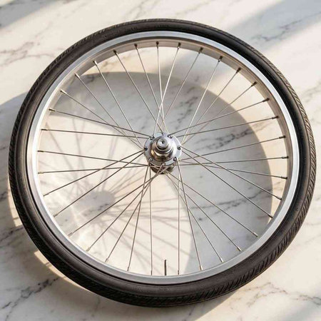 Bicycle wheel with shadow on the white marble floor, top view