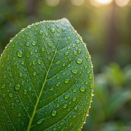 Green leaf with water drops. Nature background. Selective focus.