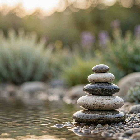 Zen pebbles balance in a zen garden with blurred background