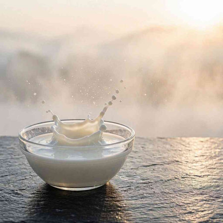 Milk splash in a glass bowl on the wooden table with sunrise background