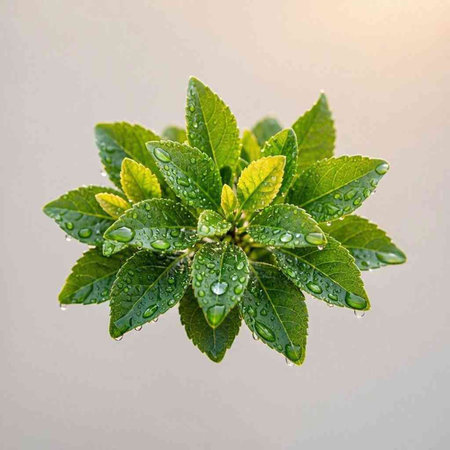 Green leaves of a plant with water drops on a gray background.